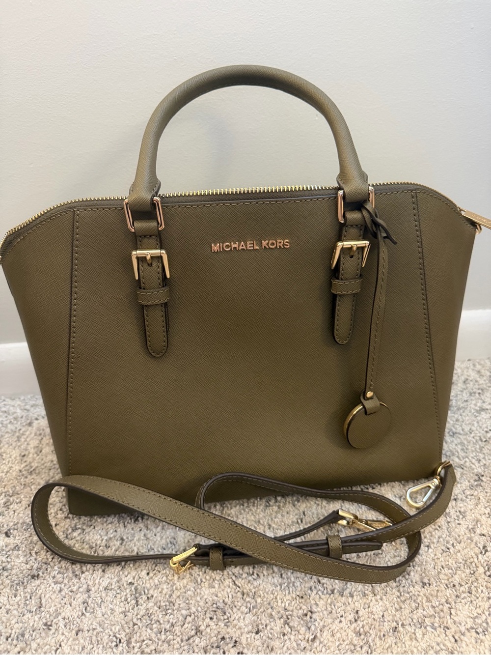 Michael Kors Olive Green Saffiano Leather Satchel with Gold Hardware